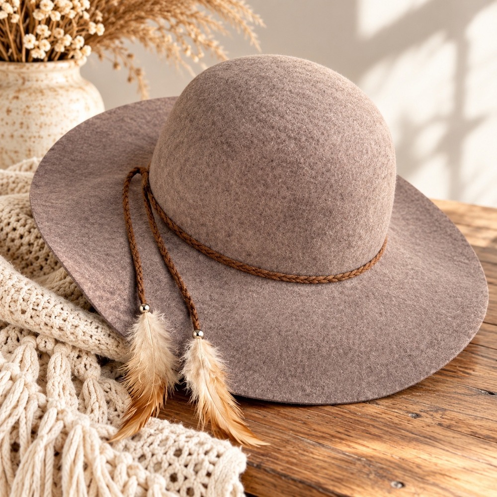 American Eagle Outfitters Wool Felt Floppy Hat Taupe Mauve Feather Boho One Size